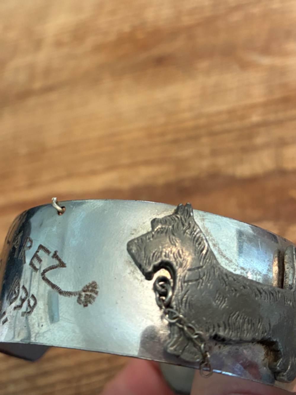 1938 Vintage Juarez Mexico Silver Engraved Cuff Bracelet w Dog